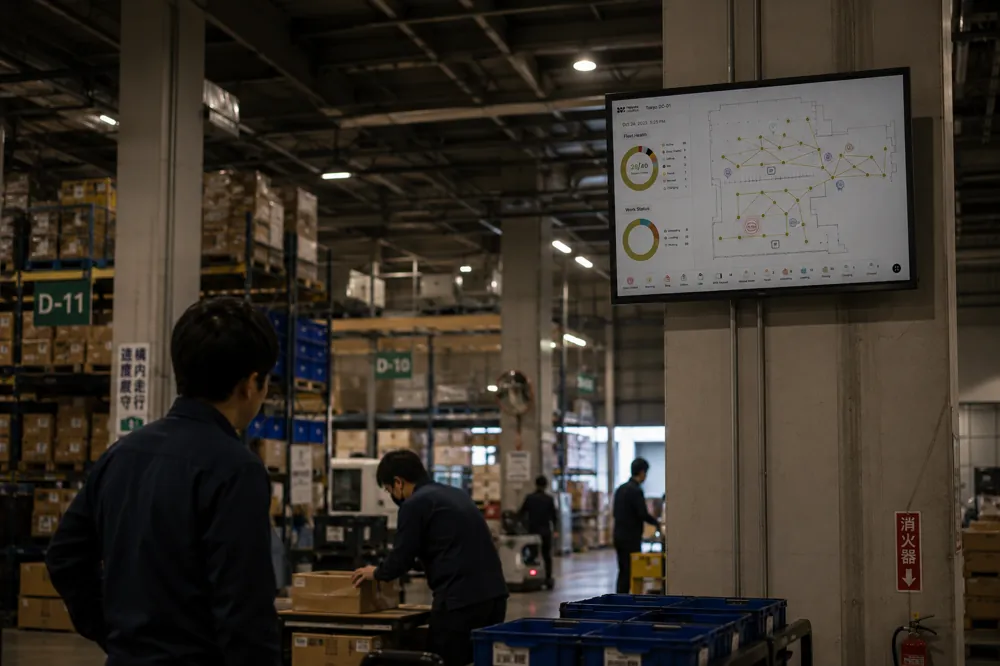 Fleet control dashboard showing live robot status and warehouse overview